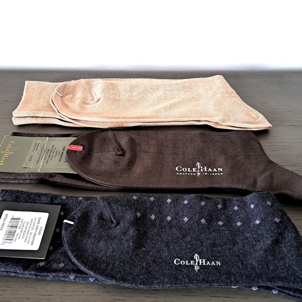 Cole Haan Logo Brand New Men Cotton Blend Dress Assorted Socks 3 Pairs One Size